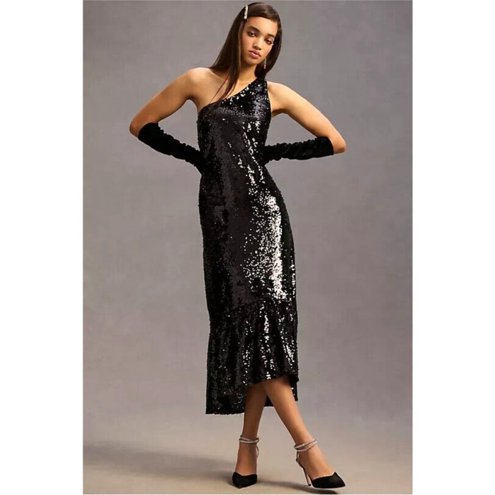 Anthropologie Maeve One Shoulder Sequin Glam Maxi Dress Lined In Black Size M